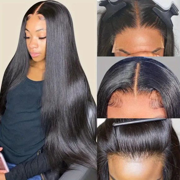 150% Density Straight Human Hair Wig with HD Transparent Lace Front Closure - Picture 2 of 5